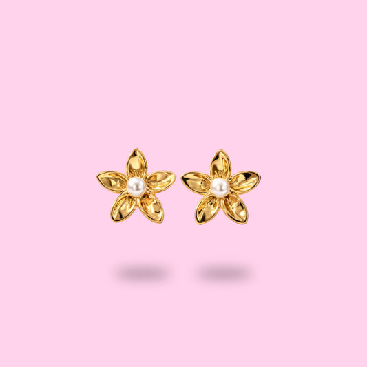Boucles d'oreilles fleur tropicale dorées avec perle